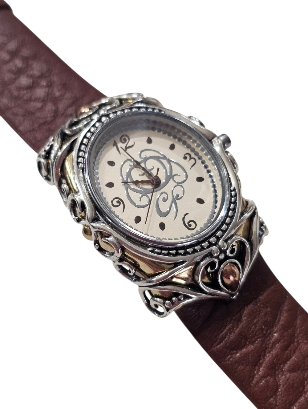 Gorgeous Carolyn Pollack Sterling Silver, Copper, Brass Watch With Brown Leather